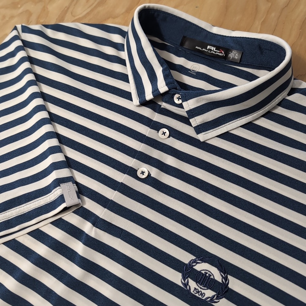 RLX Ralph Lauren Wicking Polo Shirt Mens XL Blue Strip Performance Golf 1900 CHC